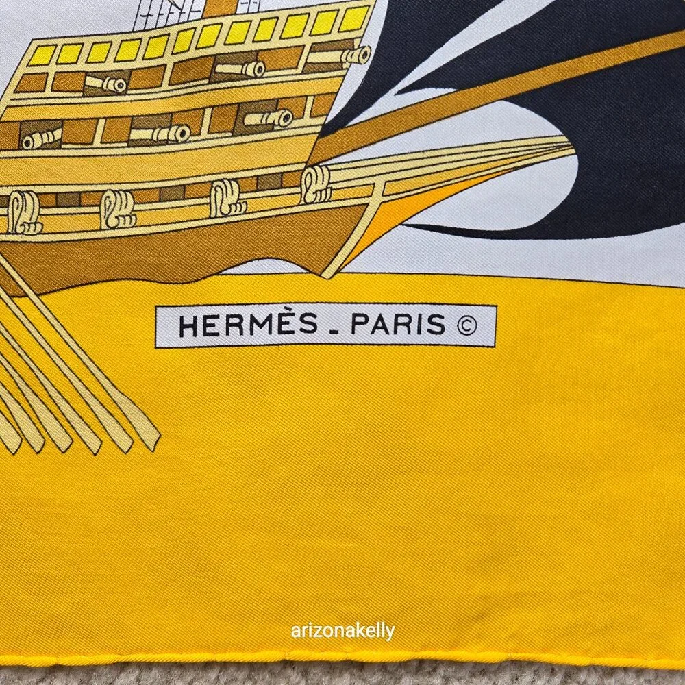 Hermès "Armada" Vintage Yellow Silk Scarf Hand Rolled Carre 90 Nautical Ships - Picture 2 of 16